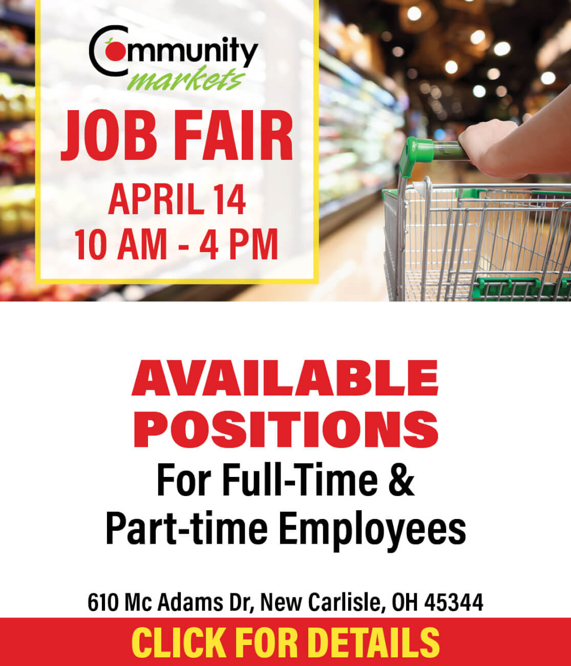 Job Fair, April 14th from 10am - 4pm. Click to see available positions for full-time and part-time