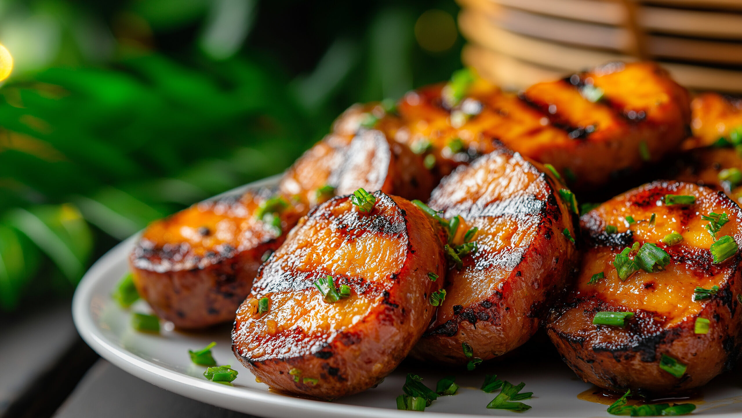 Grilled kielbasa sausage slices garnished with fresh herbs on plate, showcasing delicious and appetizing presentation. Perfect for outdoor gatherings or barbecues